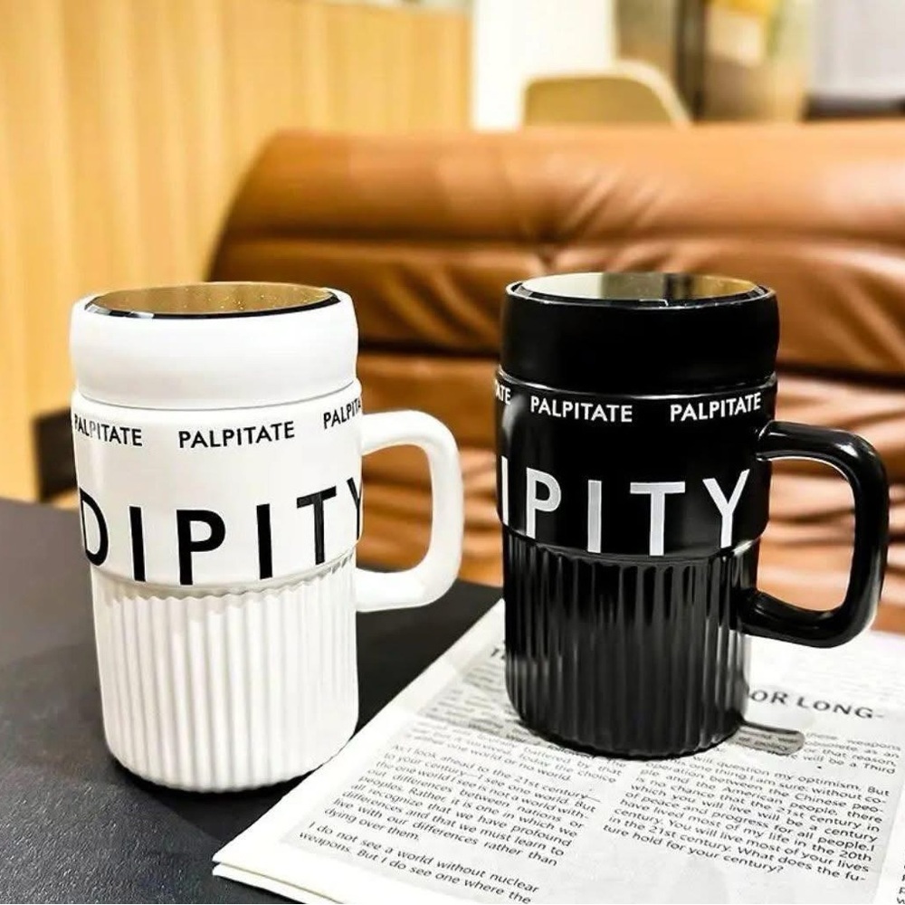 Serendipity Black & White Mug Set w/ Glass Lids –